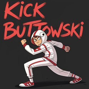 Digital illustration of Kick Buttowski. Dynamic pose, determined expression. White outfit with red accents. Bold red title, graffiti-style text. Close-up view showcasing character's outfit and facial features. Against black and white background.