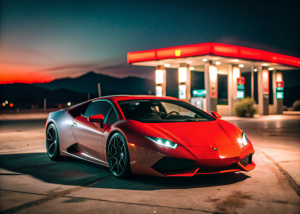 Lamborghini Huracan in the foreground. A gas station in the desert in the background. Night shooting.