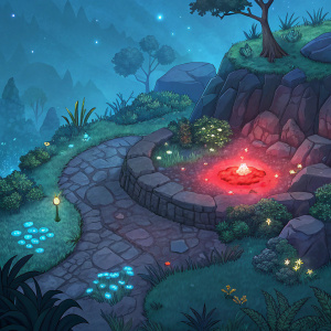 Illustration of a fantasy landscape from Slugterra. Vibrant colors, rocky terrain, glowing red center. Detailed artwork with blue and green hues, surrounded by tiny elements.