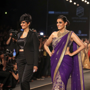 Mandira Bedi and Gita at a glamorous fashion show. Mandira in a sleek black ensemble. Gita in a stunning purple and gold saree. Event attendees and cameras in background.