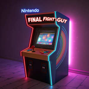 A vibrant arcade cabinet with 'Final Fight Guy' inscribed in retro font. Nintendo logo prominently displayed on a neon-lit background.