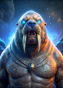 generate a walrus human from the circus with glowing eyes. a hostile angry evil game character design.