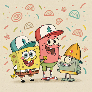 Cartoony design featuring SpongeBob SquarePants characters. Colorful pattern on beige background. Friendly faces and distinctive caps