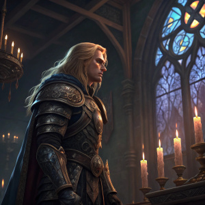 Arthas Menethil, a determined-looking Caucasian male with long blonde hair, stands in a dimly lit room. He is clad in ornate armor, surrounded by lit candles and a large, intricate stained glass window. The setting is gothic and rich in detail.