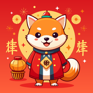 A cute Shiba Inu wearing new year clothes, holding a "Happy New Year" couplet, wishing everyone a happy new year.