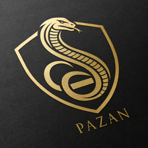 The Pazan brand logo, a sleek, modern snake emblem in gold.