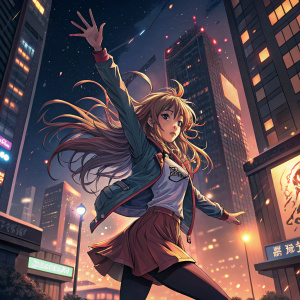 A dynamic anime illustration. Female character with long wavy hair, arms outstretched, mid-action pose. Background: cityscape at night.