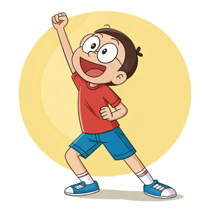 Nobita from 'Solution Hai', in a playful pose. Wearing a red t-shirt, blue shorts, and blue sneakers. Illustration set against a bright, sunny yellow backdrop. Cartoonish and colorful digital artwork.