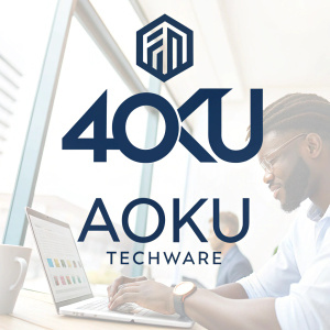 New logo design for tech startup Aoku. The name '40KU' in bold sans-serif, white background. 'Aoku Techware' beneath in modern script.