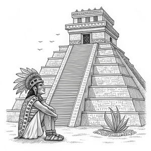 Flat-line art depiction of Huitzilopochtli, Aztec god. Sitting inside elaborate temple. Black and white sketch highlights detailed design. Sole emphasis on deity and structure, reminiscent of ancient engravings.
