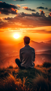 hombre sentado mirando el atardecer mas real