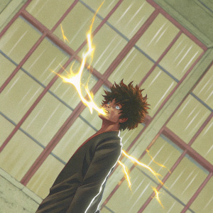Digital artwork featuring Dabi from My Hero Academia. Young man with fiery aura. Rich red backdrop. Comic book style layout with bold colors and dynamic lines.