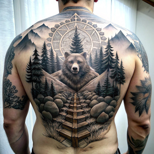 viking bear - vegvesir - stairs -  trees - tribel full back piece tattoo art design -grey and black - white background