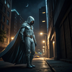 Marc Spector, aka Moon Knight, standing in a dimly lit alleyway. Wearing his iconic costume with a flowing cape. The urban night background