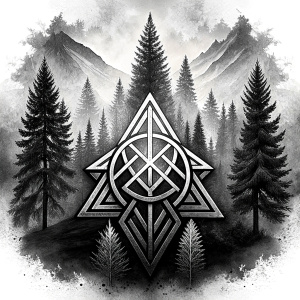 valknut vegvisir geometric symbols - ragnar and trees - tattoo design - perfect realistic art - high-definition - grey and black - white background 