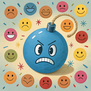 An emoji artwork featuring a blue bomb with an angry face. Surrounded by various emojis representing a range of emotions from happiness to despair.