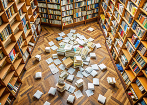 бумаги на полу разбросаны, в библиотеке книги бумага лежит на полу, вид сверху