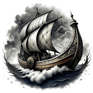 viking longboat tattoo design - perfect realistic art - high-definition - grey and black - white background 