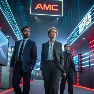 Promotional image for AMC's 'Halt and Catch Fire'. Futuristic tech conference. Characters in formal wear, with glowing neon signage and digital screens in the background.