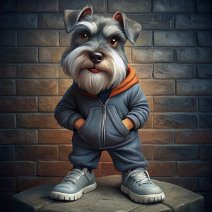 A cute tiny furry Schnauzer 
dog smiling too happy face stand up, with hands inside puckets , leaning on brick wall, wearing sport outfit with nike hoddy nd sneakers
