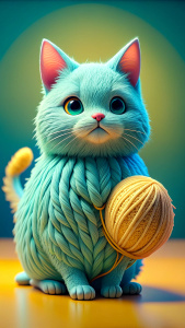 3d picture, cat fluffy, turquoise color cute, standing on two hind legs, looking at the a ball of yarn. The a ball of yarn advertises. The a ball of yarn is a yellow. The background is a city.