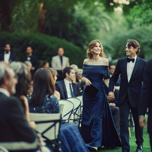 Michael Kelly and Karyn Kelly attending a glitzy Hollywood gala. Both are impeccably dressed. Michael in black tuxedo, Karyn in dark blue gown. Crowded room with people of diverse backgrounds.