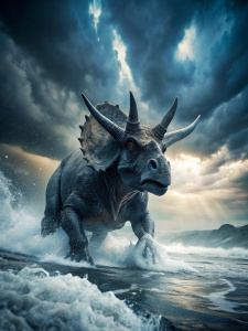 wicked evil triceratops beast charging through stormy ocean toward viewer, dark stormy sky, horror, close up