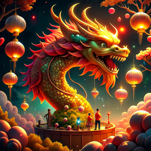chinese new year dragon, people celebrating, money tree
