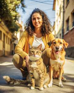Mujer latina de bajos recursos con dos perros y un gato en la calle