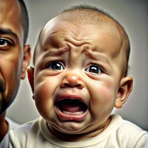 bebé mulato malestar por dentición carita triste con solo dos dientes y llorando. imagen de fotografía no de dibujo. A su lado, padre preocupado