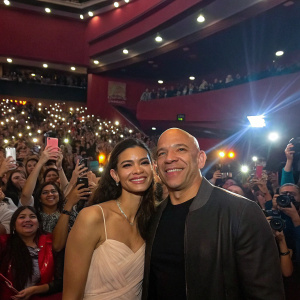 Vin Diesel and Paloma Jimenez in a vibrant, crowded theater lobby. Excited fans holding up phones, flashing lights from cameras.