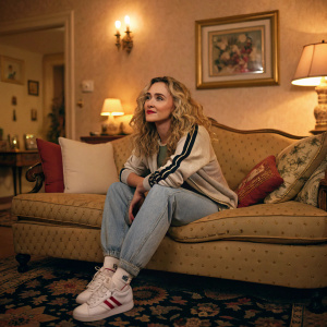 Madonna, in a casual outfit, sitting on a vintage sofa. Cozy living room setting, warm lighting