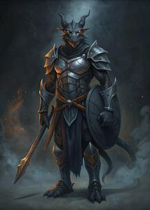 strong black dragonborn palanin. full bude, sword and shild