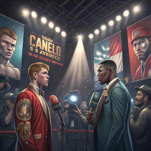 Press conference for the upcoming Canelo vs Jacobs fight. Formal attire mixed with boxing gear. Bright lights and microphones in front of large promotional banners.