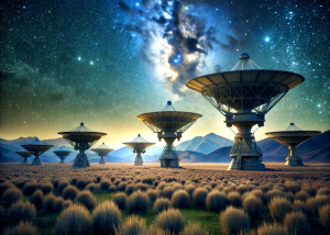 Large ground based satellite tower array in a field in California, total of 4 satellite towers, sky full of stars and satellites streaking across night sky, highly photorealistic