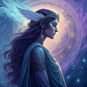 Digital art series showcasing a figure reminiscent of Athena, Greek goddess of wisdom. Long, dark hair, ethereal glow. Background blends blue and purple hues with swirling patterns. Multiple layers create depth and complexity.