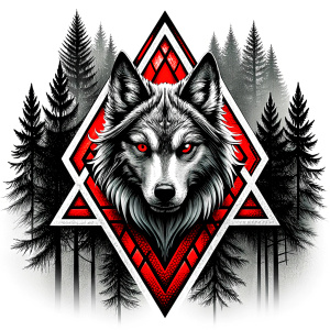 valknut runes pattern geometric symbols - wolf and trees - tattoo design - perfect realistic art - high-definition - grey and black - white background 