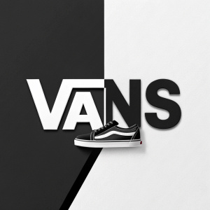 Digital illustration of the Vans logo. Modern, bold font with stark contrast. Background divided into two halves: one black, one white.