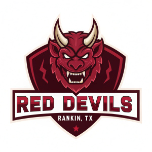 Logo design for a fictional sports team 'The Red Devils'. The emblem showcases a fierce demonic head with sharp horns and a threatening gaze. Text 'Red Devils Rankin, TX' in bold letters beneath the logo. Color palette: dark brown and deep maroon.