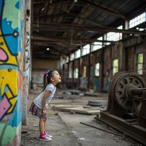 A young Asian girl with pigtails exploring an abandoned warehouse filled with colorful graffiti.