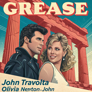 Promotional poster for the film Grease featuring John Travolta and Olivia Newton-John. The scene is set against a backdrop of ancient Greek columns. Pop art style with vibrant blue and red hues.