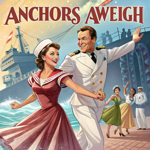 Movie poster for 'Anchors Aweigh'. Featuring Frank Sinatra, Kathryn Grayson, and Gene Kelly in a vibrant, theatrical scene.