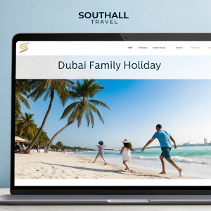 Southall Travel's Dubai Family Holiday webpage. Modern, sleek design. Beach imagery with palm trees. Bright blue sky background. Header features logo. Family enjoying holiday picture. List of packages with prices and contact details.