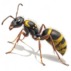 A hyper-realistic digital rendering of an ant. Black and yellow hues, intricate detail on segmented body, long brown antennae, multiple joints on thin legs.
