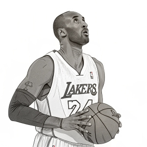 Illustration of Kobe Bryant. Black and white, simple cartoon style, plain white background.