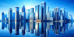 Modern skyscrapers of a smart city, futuristic financial district, graphic perspective of buildings and reflections - Architectural blue background for corporate and business brochure, 3D rendr