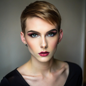 
a 25-year-old femboy with a short hairstyle wearing makeup full body
