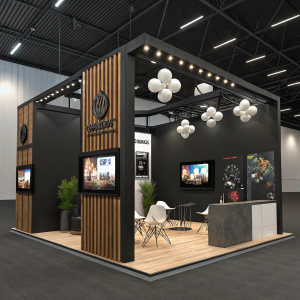 At Comic-Con, an eye-catching exhibition stand for Uchronia Impress. The setup features sleek black panels, wooden accents, and modern lighting. Interactive seating area with multimedia displays. White and black balloons add festive touch.