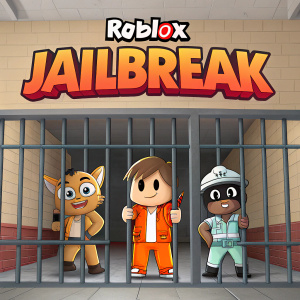 Digital illustration of Roblox Jailbreak promotional image featuring cartoon-like characters in a jail cell setting. Bold, cartoonish font for title. Stylized with simple, vibrant colors and playful design.