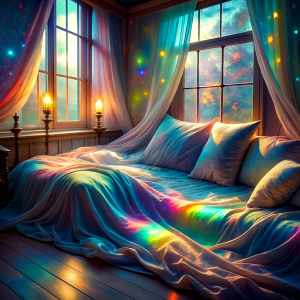 night close soft rainbow Mercurial silk print  real antique bed bedroom  window soft pastel  heavy glitter                      
heavy                            
The Bioluminescent phenomenon super bright light glitter     